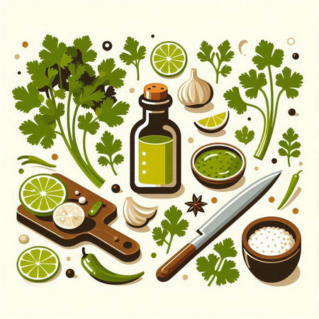 Herbs and spices. Vector illustration of cilantro, lemon, garlic, pepper, olive oil, salt and pepper.のイラスト素材