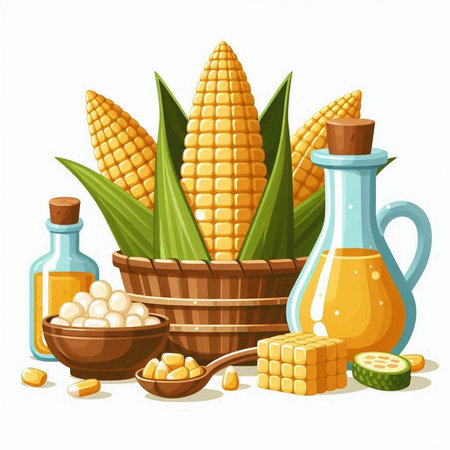 Illustration of a set of corn products on a white background.のイラスト素材