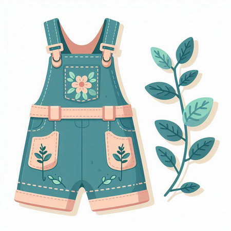 Denim overalls with floral pattern. Hand drawn vector illustration.のイラスト素材