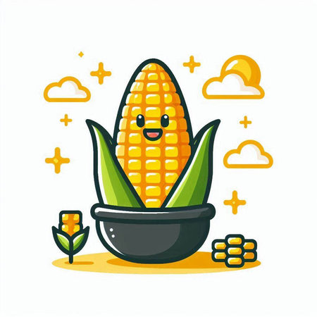 Corn in pot. Cute cartoon corn character. Vector illustration.のイラスト素材
