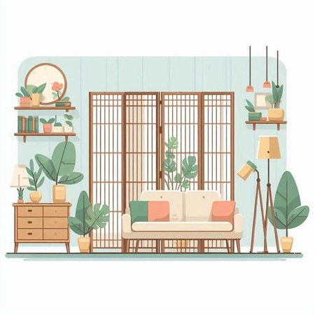 Living room interior with furniture and plants. Flat style vector illustration.のイラスト素材