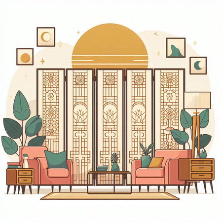 Living room interior with furniture and plants. Vector illustration in flat styleのイラスト素材