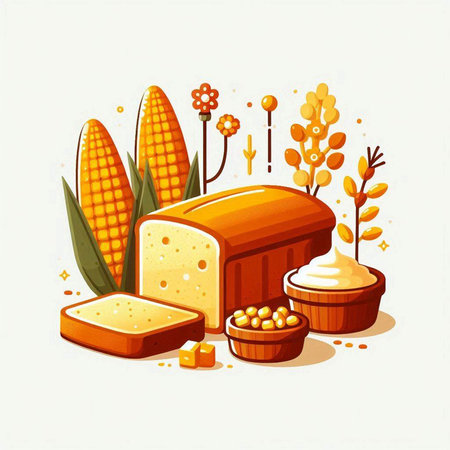 Illustration of bread, butter, corn and soybean in cartoon styleのイラスト素材