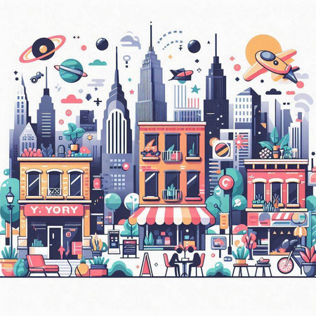 Vector illustration of a city street with buildings and people. Flat design.のイラスト素材