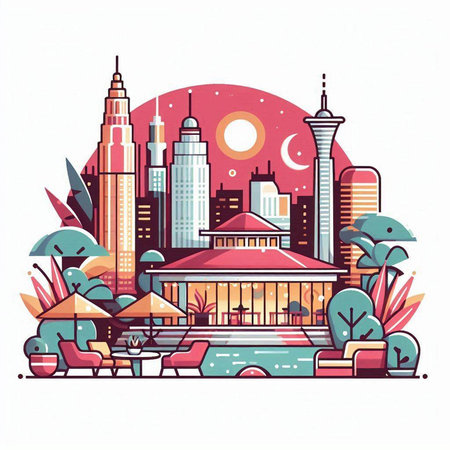 Vector illustration of Kuala Lumpur, Malaysia. Beautiful cityscape with skyscrapers, palm trees and sun.のイラスト素材