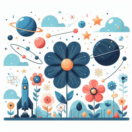 Flower garden with rocket, planets and stars. Vector illustration.のイラスト素材