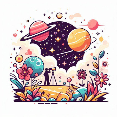 Space background with planets, stars and flowers. Cartoon vector illustration.のイラスト素材