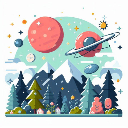 Cartoon space landscape with planets and stars. Vector illustration in flat styleのイラスト素材