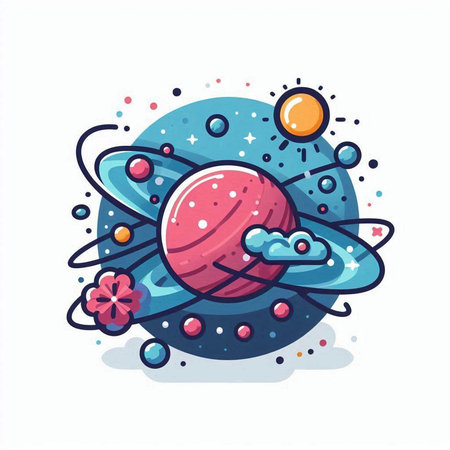 Planet with flowers and stars. Colorful vector illustration in cartoon style.のイラスト素材