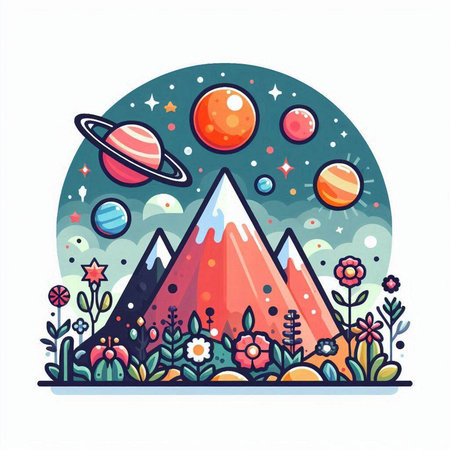 Flat vector illustration of cartoon landscape with mountains, flowers and planets.のイラスト素材