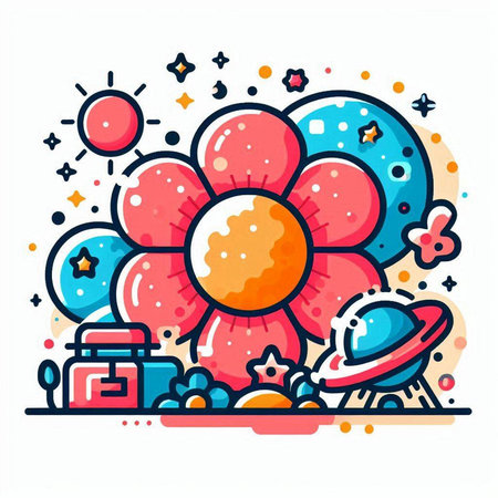 Flower and space objects. Vector illustration in line art style.のイラスト素材