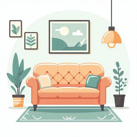 Living room interior with sofa, lamp and plants. Flat style vector illustration.のイラスト素材