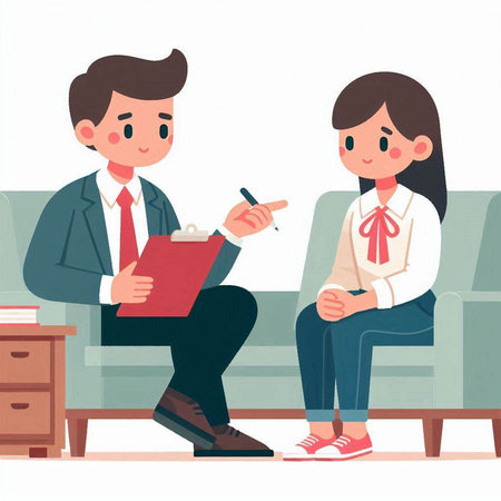 Psychotherapist or psychotherapist consulting a patient. Vector illustrationのイラスト素材