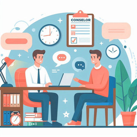 Businessman and businesswoman sitting at table and working with laptop. Teamwork, communication, freelance concept. Vector illustration in flat styleのイラスト素材