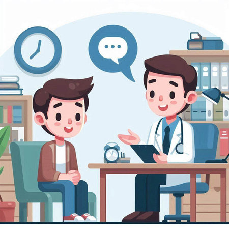 Doctor and patient in medical office. Vector illustration in cartoon style.のイラスト素材