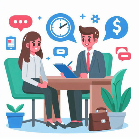 Businessman and businesswoman sitting at table in office, vector illustrationのイラスト素材