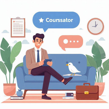 Businessman sitting on sofa and using smartphone. Flat vector illustration.のイラスト素材