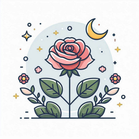 Vector illustration with rose, moon and stars. Line art design elements.のイラスト素材