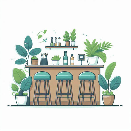 Vector illustration of a bar interior with furniture and plants. Cartoon style.のイラスト素材