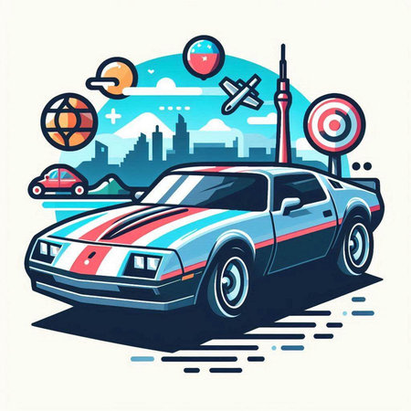 Vector illustration of a car on the background of the city and different iconsのイラスト素材