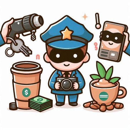 police cartoon character with coffee cup,camera,phone and other equipmentのイラスト素材