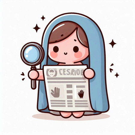 Cute Girl Holding Newspaper and Magnifying Glass Cartoon Character Vector Illustrationのイラスト素材
