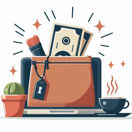 Laptop with purse and money. Vector illustration in flat style.のイラスト素材