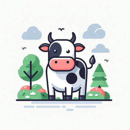 Cute cow in the park. Vector illustration in flat style.のイラスト素材