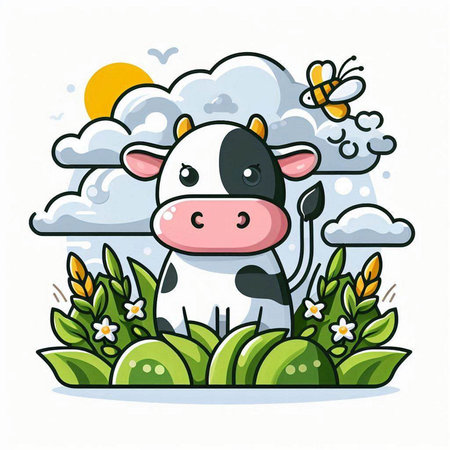 Cute cow in the meadow with flowers. Vector illustration.のイラスト素材