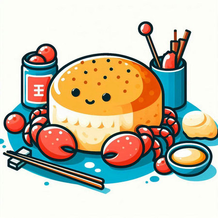 Illustration of a Cute Cartoon Crab with Sushi Rolls and Chopsticksのイラスト素材