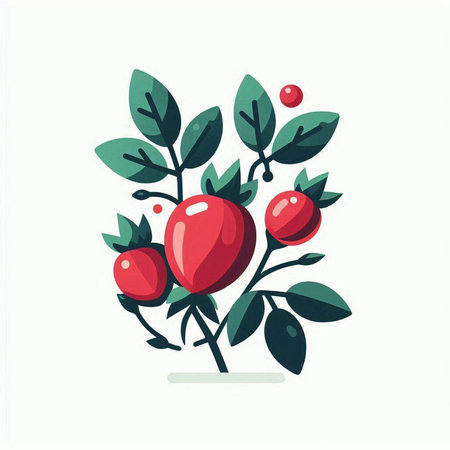 Rosehip branch with berries. Vector illustration in flat cartoon style.のイラスト素材
