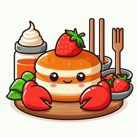 Cute Strawberry Cake Cartoon Mascot Character With Spoon and Forkのイラスト素材