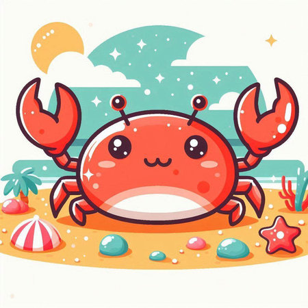 Cute cartoon crab on the beach. Vector illustration in a flat styleのイラスト素材