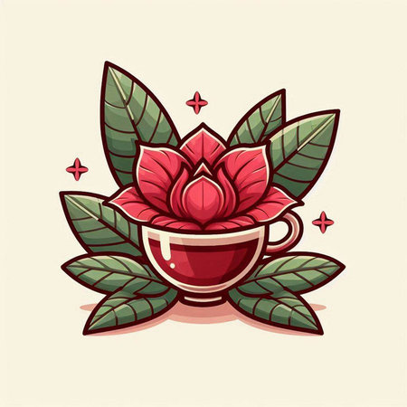 Cup of tea with red flower and green leaves. Vector illustration.のイラスト素材