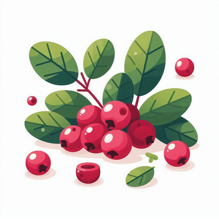 Cranberries with green leaves on white background. Vector illustration.のイラスト素材