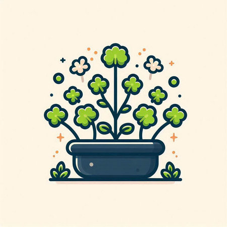 Flowerpot with plants. Vector illustration in flat linear style.のイラスト素材