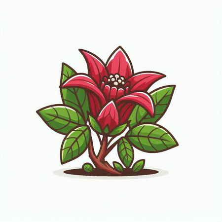 Illustration of a red flower with green leaves on a white backgroundのイラスト素材