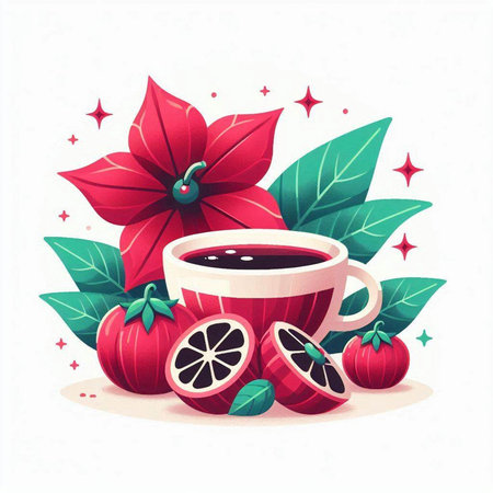 Cup of tea with christmas poinsettia. Vector illustration.のイラスト素材