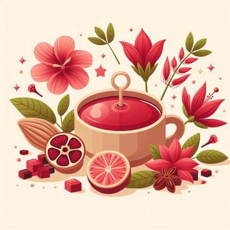 Cup of tea with red flowers and spices. Vector illustration.のイラスト素材