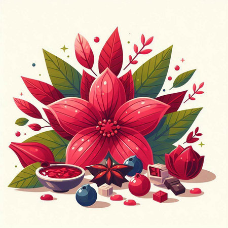 Christmas card with poinsettia, berries and spices. Vector illustration.のイラスト素材