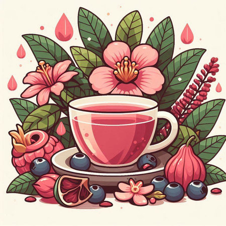 Cup of tea with berries, leaves and flowers. Vector illustration.のイラスト素材