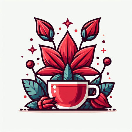 Cup of tea with flowers and leaves. Hand drawn vector illustration.のイラスト素材