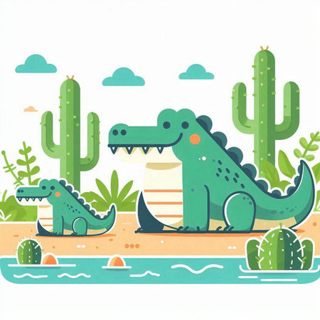 Cute crocodile with cactus. Vector illustration in flat styleのイラスト素材