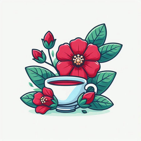Cup of tea with red flowers and green leaves. Vector illustration.のイラスト素材