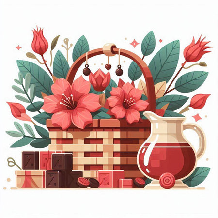 Wicker basket with red flowers and sweets. Vector illustration in flat style.のイラスト素材