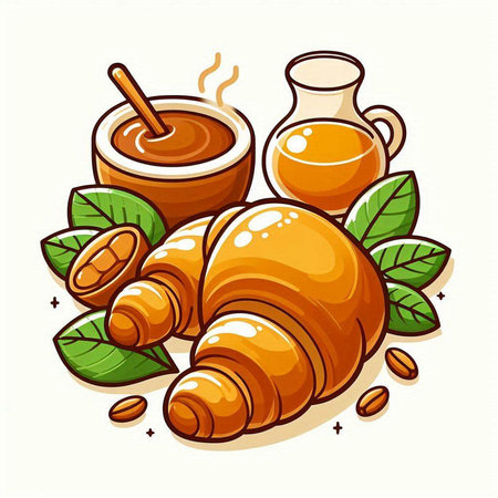 Fresh croissant with honey and mint leaves. Vector illustration.のイラスト素材