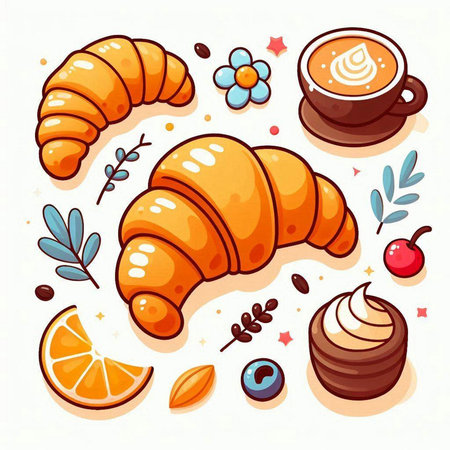 Coffee and croissant. Hand drawn vector illustration.のイラスト素材