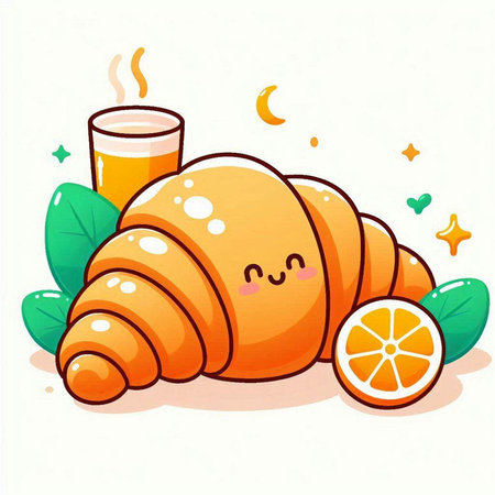 Cute cartoon croissant with orange juice. Vector illustration.のイラスト素材