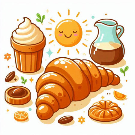 Coffee and croissant. Vector illustration in cartoon style.のイラスト素材