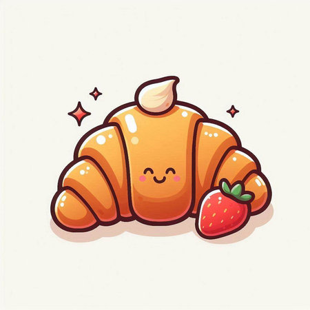 Cute cartoon croissant character with strawberry, vector illustration.のイラスト素材